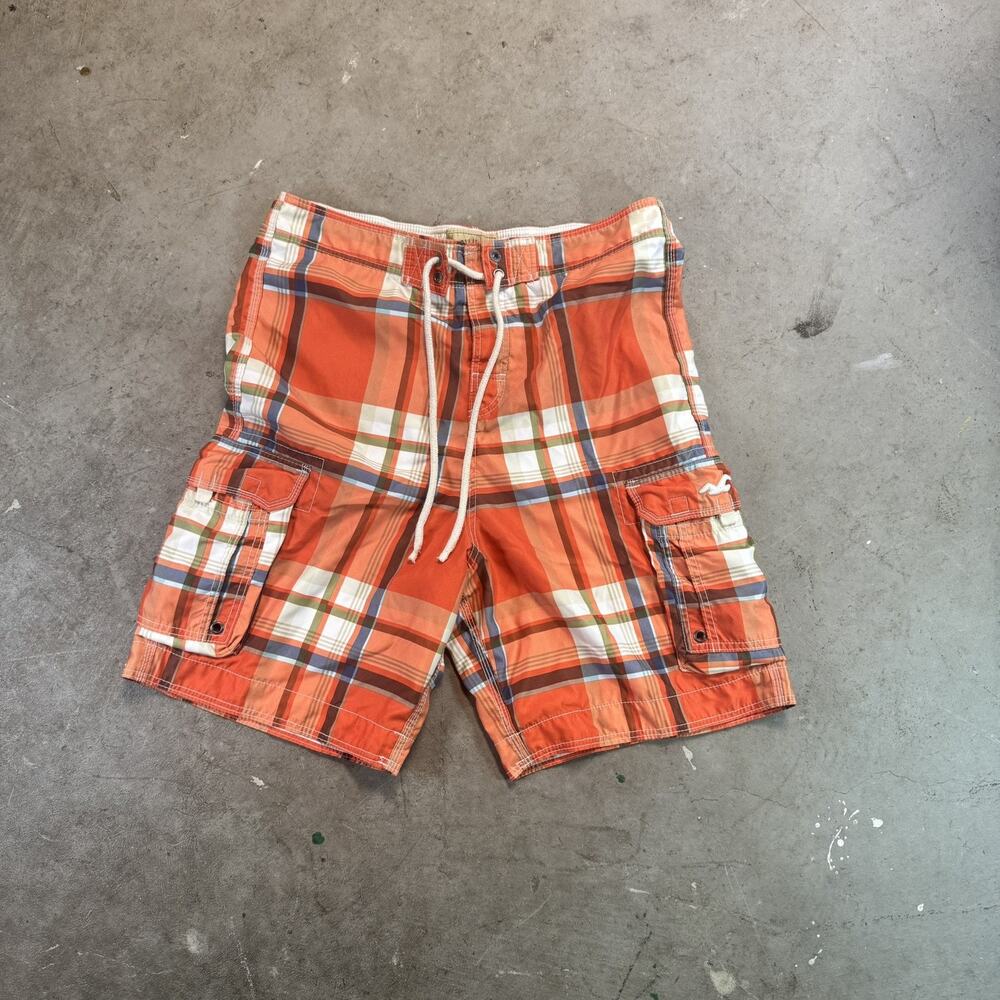 HOLLISTER SWIM TRUNKS BOARD SHORTS MEN'S SIZE L PLAID CARGO ORANGE